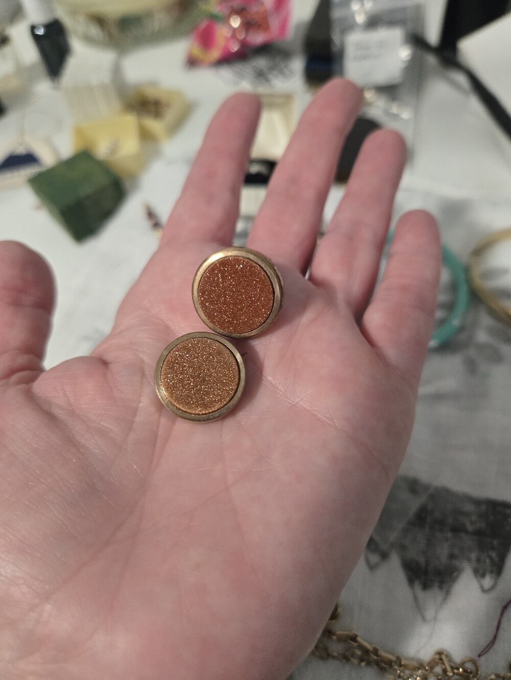 Gold Filled Round Glitter Cuff Link And Pin - Brown/Gold